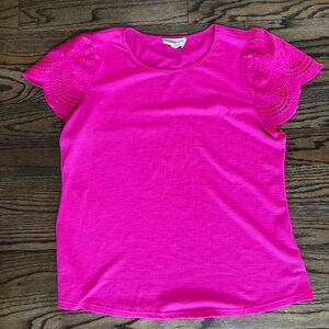 Flower & Feather Bright Pink Eyelet Sleeve Top Size Medium
